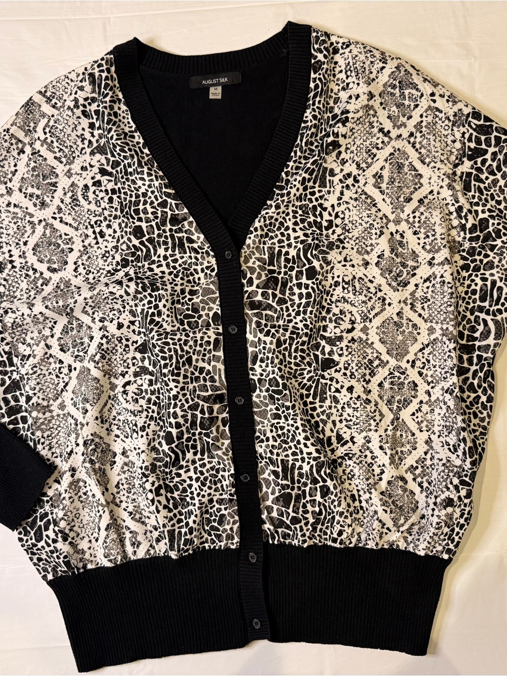 August Silk Women’s Animal Print Cardigan Size M Black White Button Front Dolman